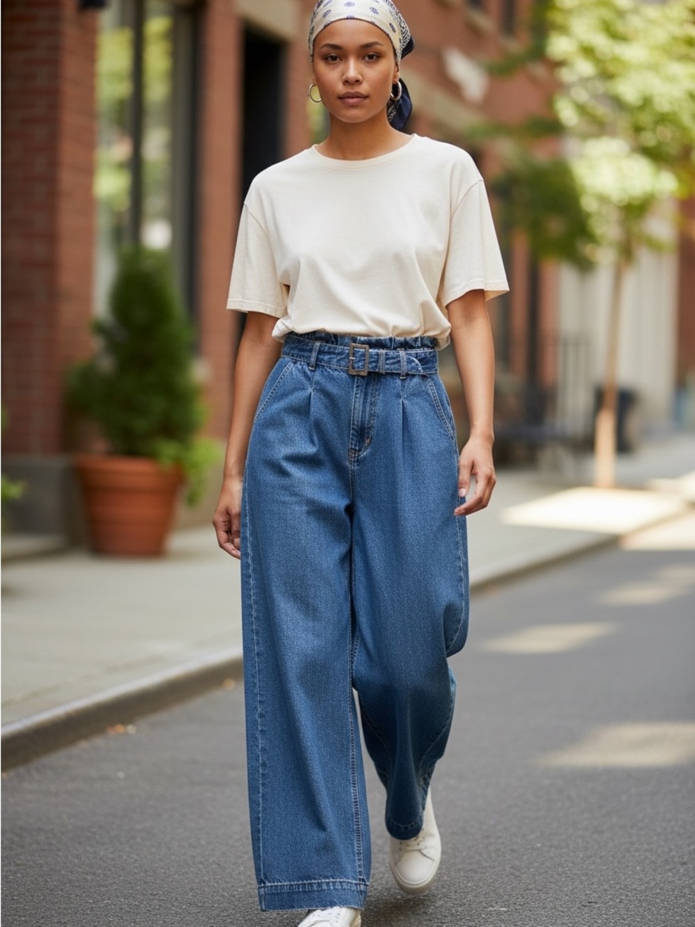High-Rise Wide-Leg Blue Denim Jeans with Self Belt
